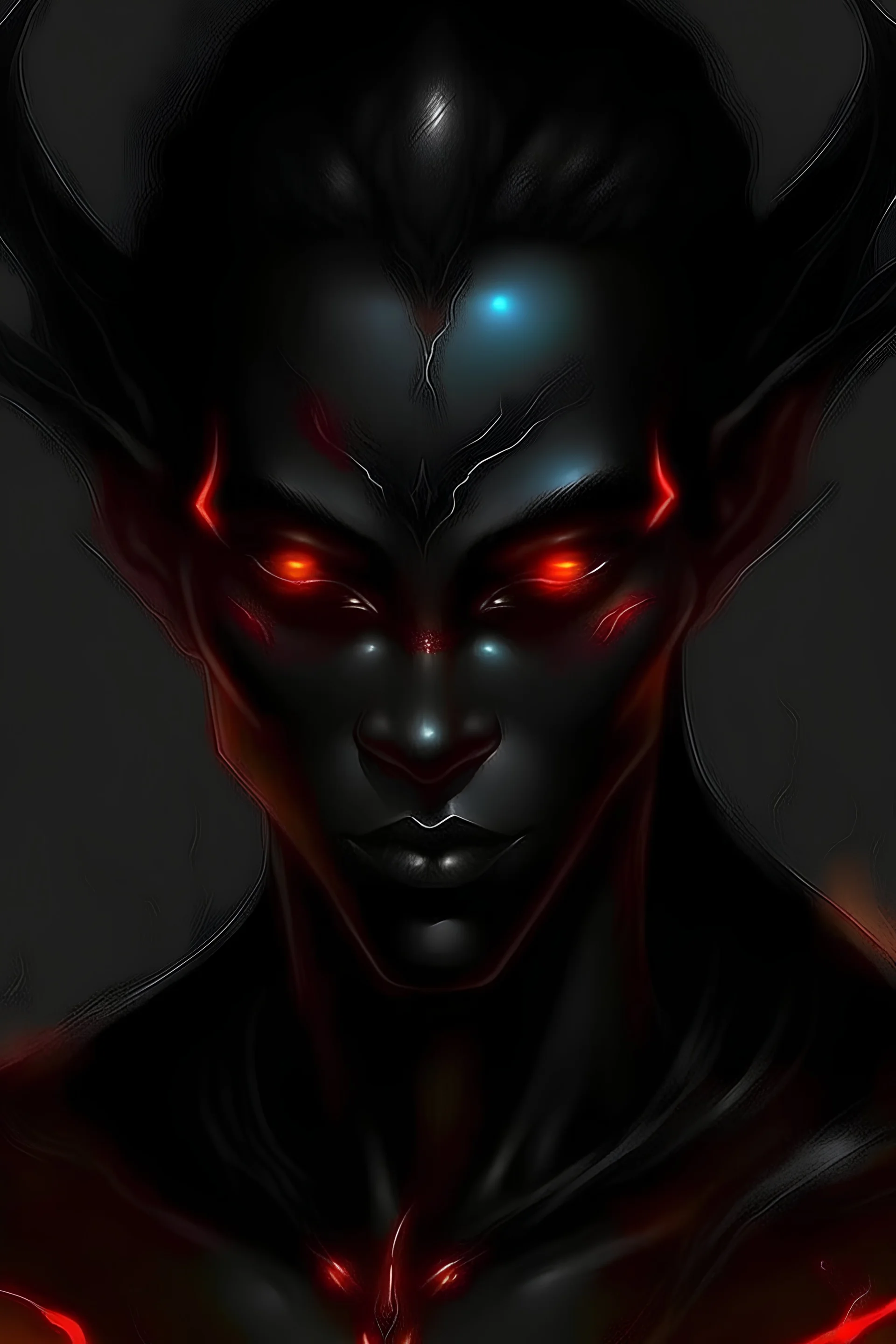 dark silky pitch black-skinned demon man of perfection and pride, pointy ears, hell fire eyes