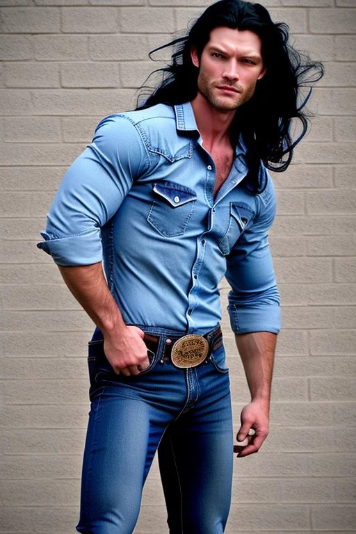 A very muscular man with long black hair, blue eyes, wearing a cowboy shirt and blue jeans