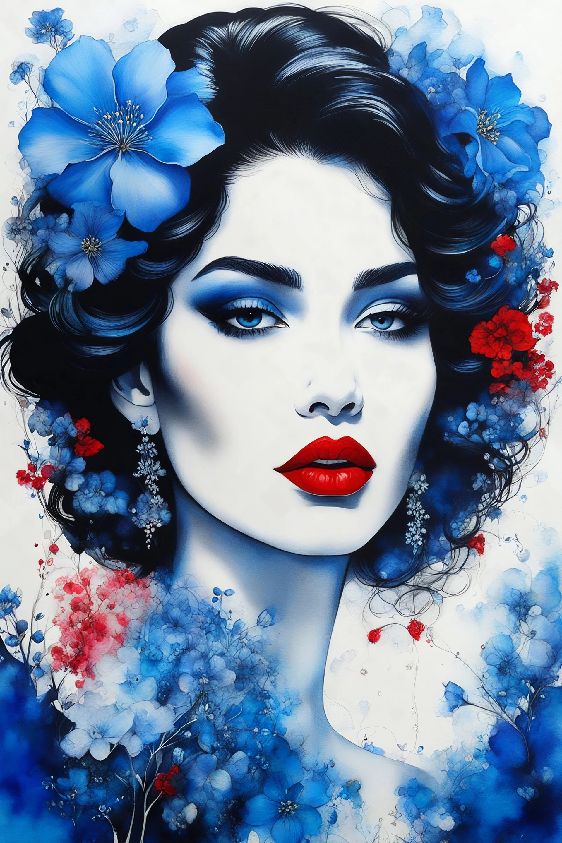 mj, cinematic, masterpiece, Using a mixed media approach that combines oil painting, pen and ink, and alcohol ink on a pristine white background, this artwork employs a perfect double exposure technique. The result is a hyperdetailed and intricate portrayal of an elegant lady with striking red lips, surrounded by delicately rendered blue flowers. The composition blends Callygraphy and lettering script, with thick brushstrokes applied alongside palette-knife techniques, smudges, as well as artful