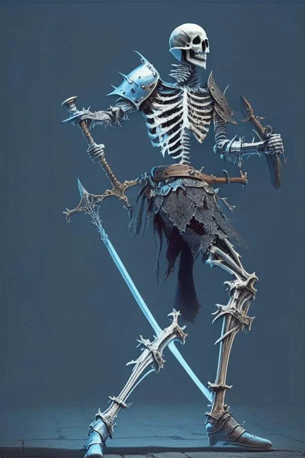 medieval knight walking dramatically toward the viewer, sword in hand. A skeleton on his back.