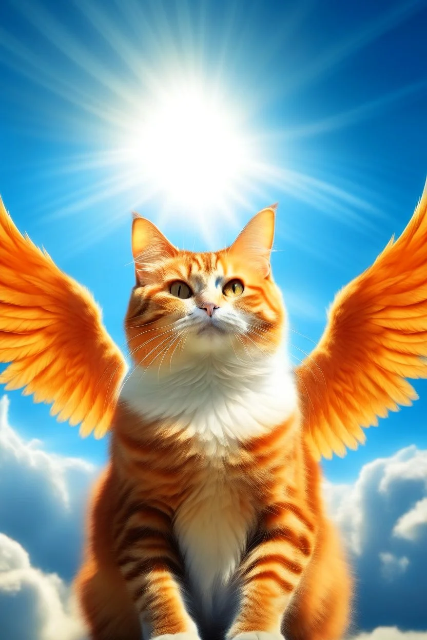 orange cat with stripes in heaven with wings and a halo