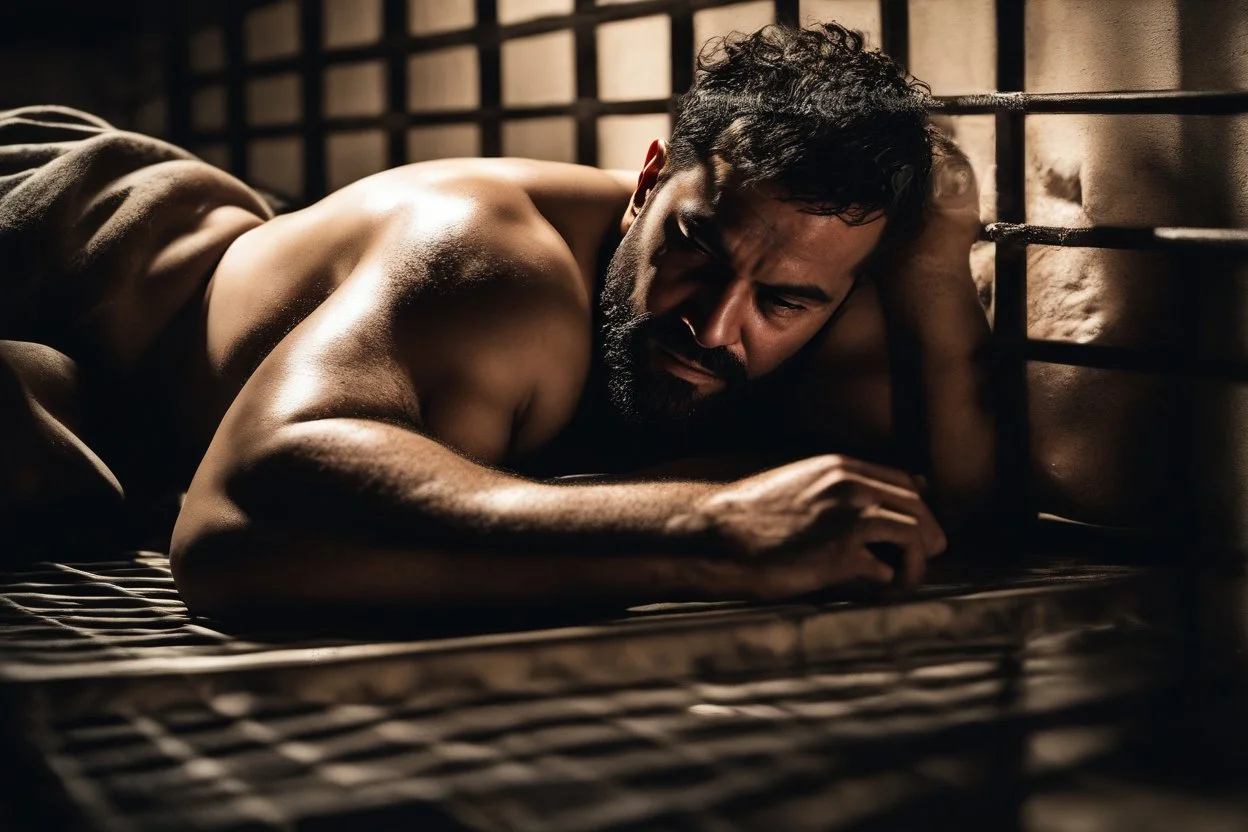 half figure shot photography of a sweat dirty marocan prisoner in cell sleeping lying down on a bed , manly chest, shirtless, muscular strong chubby 34 years old, low lights, ajar mouth, long beard, misery and poverty, dim light enters from a skylight above, lights from above, photorealistic, ambient occlusion, aerial view