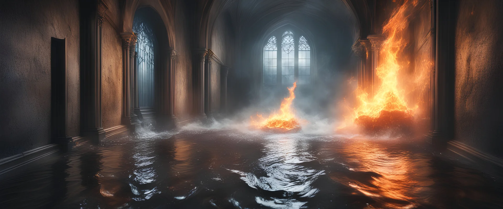 Hyper Realistic flood water wave splashes inside a haunted hallway of a huge castle with flame torches on wall at night with light rays from window