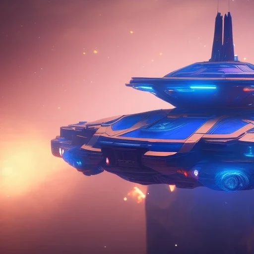 a crystalised blue pink spaceship, gold, diamonds, lightbeams, cosmic background, atmospheric, realistic, unreal engine, 8k. Cinematic lighting, octane render.