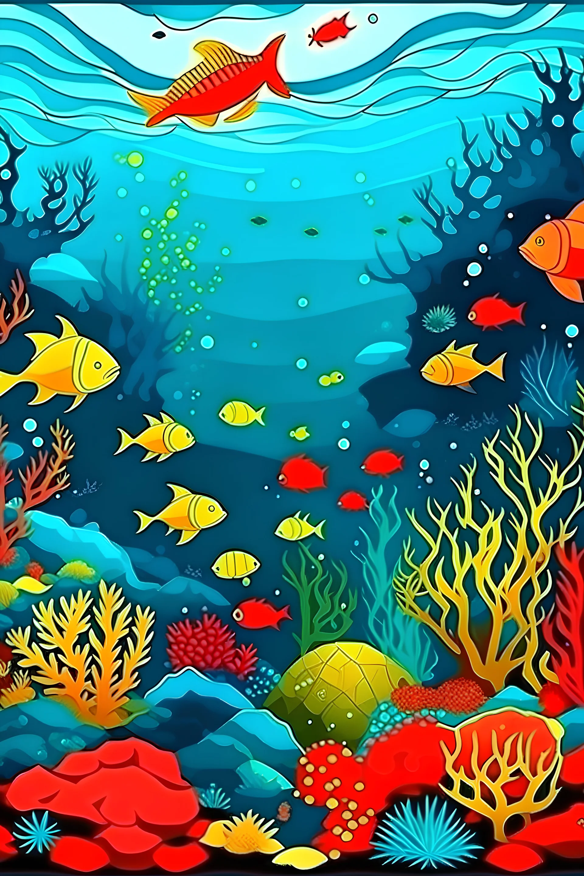 Vista del fondo del mar, con volcanes en el fondo del mar, peces de colores rojos, amarillos, negros, tiburones, corales, estrellas y caballitos de mar, el agua en diferentes tonos de azules y verdes