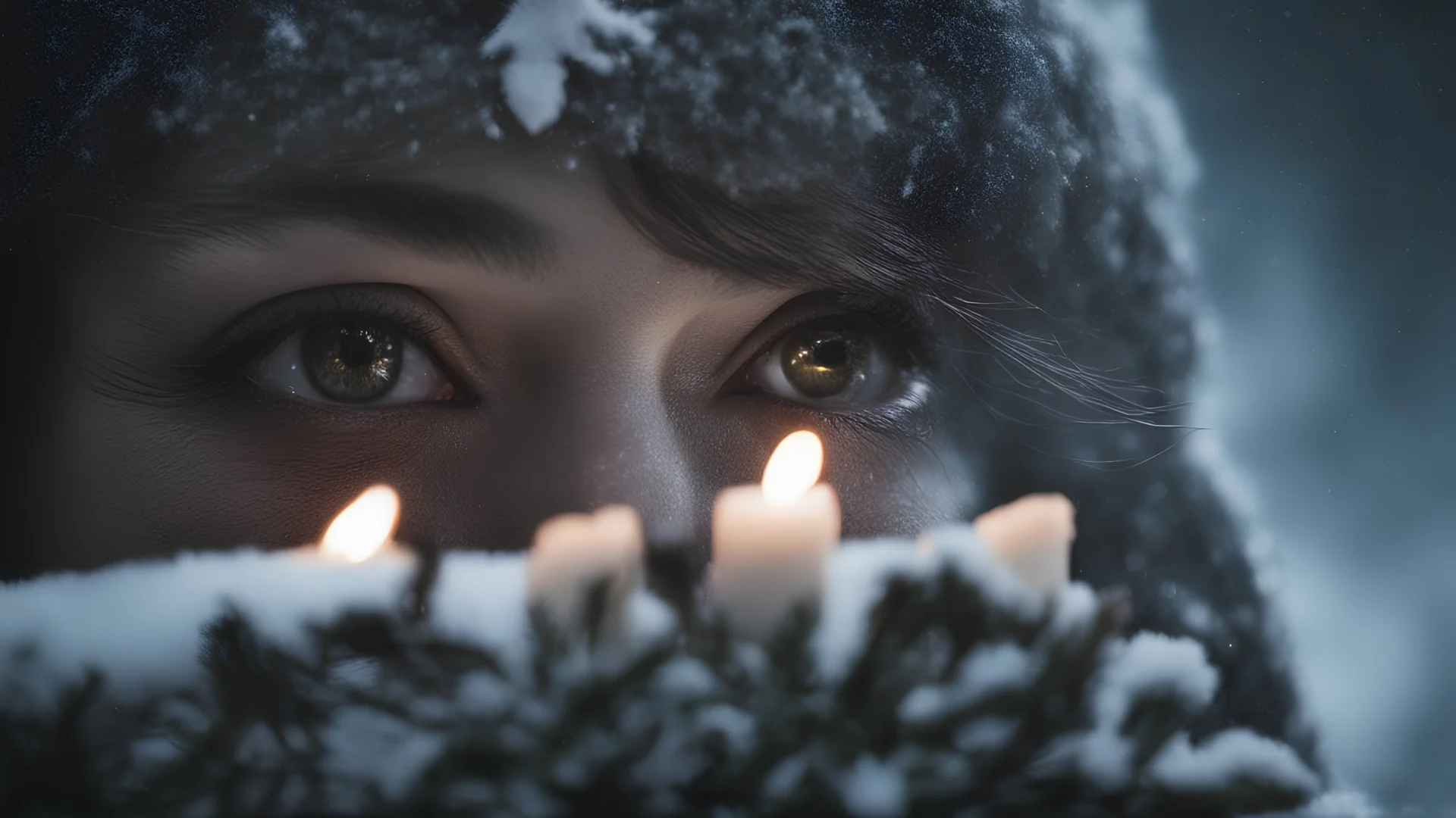 photoreal extreme close-up of a female eye snow covered and decorated with christmas baubles, presents and candles in mystical rising fog in a pine forest at night by lee jeffries, otherworldly creature, in the style of fantasy movies, photorealistic, shot on Hasselblad h6d-400c, zeiss prime lens, bokeh like f/0.8, tilt-shift lens 8k, high detail, smooth render, unreal engine 5, cinema 4d, HDR, dust effect, vivid colors