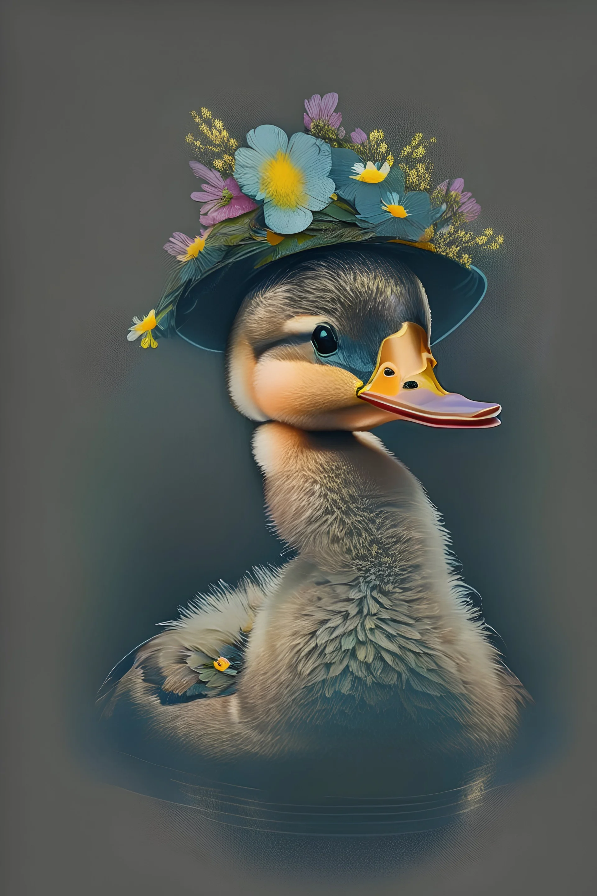 A cute image of a duck with a flower hat design print on demand , black background .