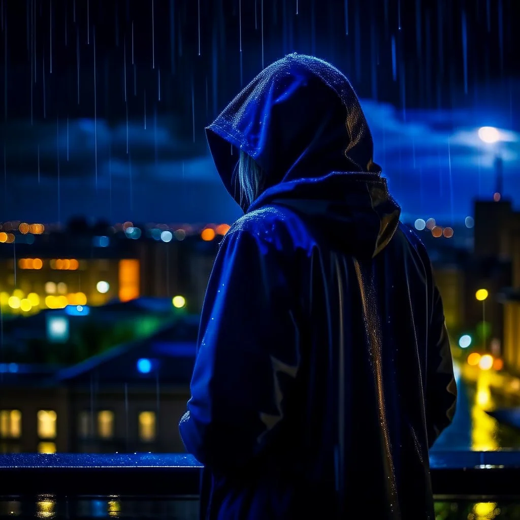 girl in a raincoat, viewed from behind, watching the empty city, at midnight, very dark colours, rainy, atmospheric, photo quality