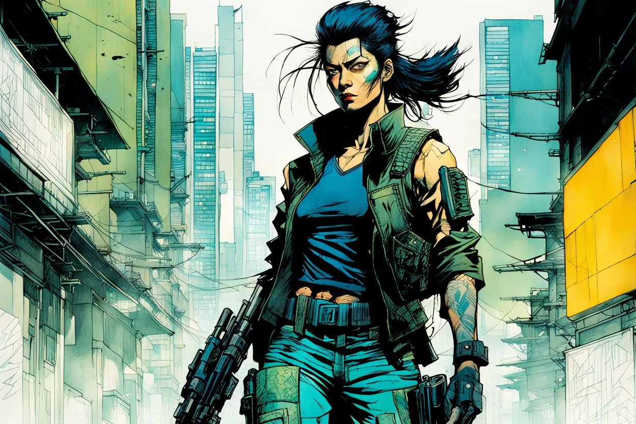 create a full body portrait illustration of an athletic cyberpunk samurai female private detective with prosthetic arm in flak vest, with highly detailed , sharply defined feminine facial features, in a chaotic, turbulent, otherworldly Tokyo in the comic art style of BILL SIENKIEWICZ and JEAN GIRAUD MOEBIUS, searing lines and forceful strokes, precisely drawn, inked, and darkly colored