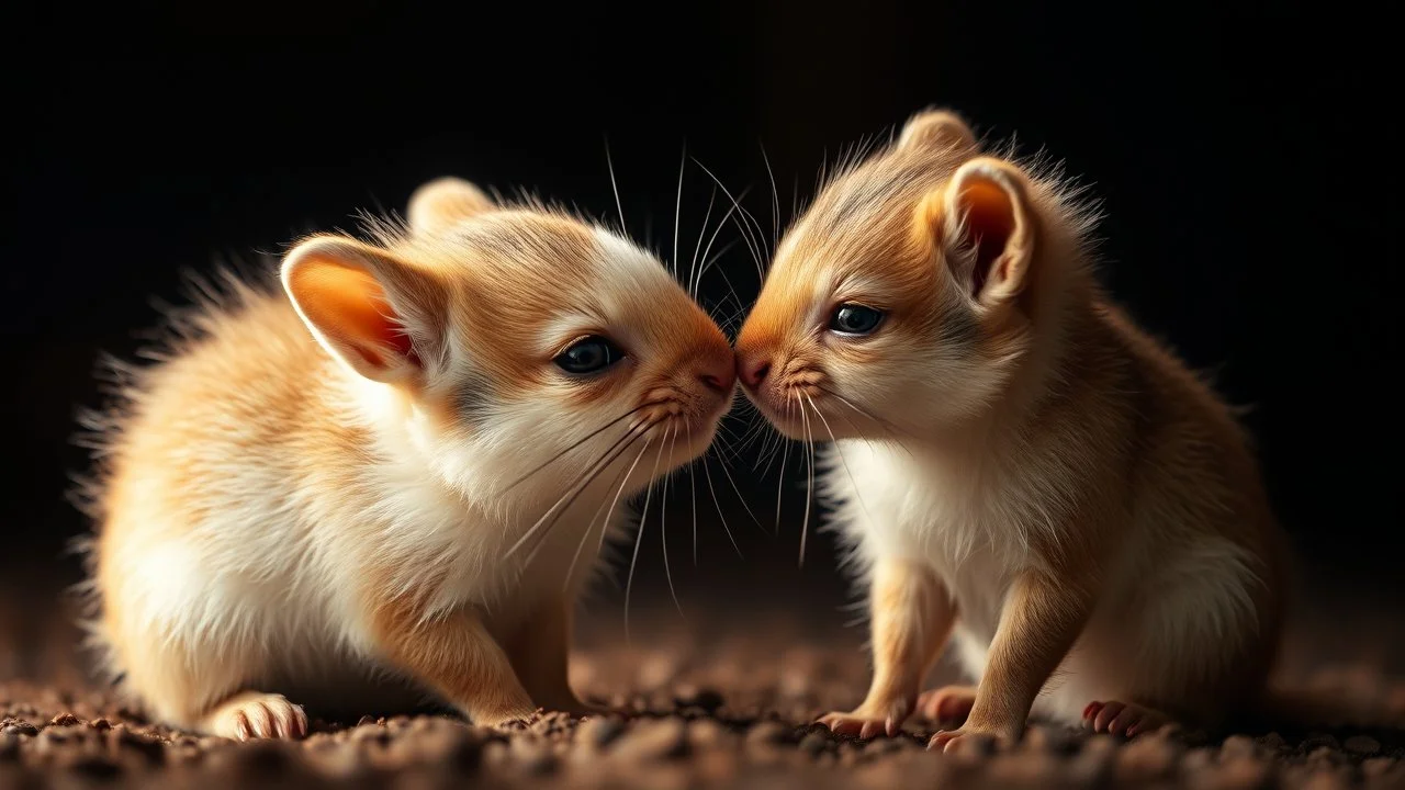 romantic photograph of two small animals in a loving relationship, halo lighting, chiaroscuro, beautiful photo