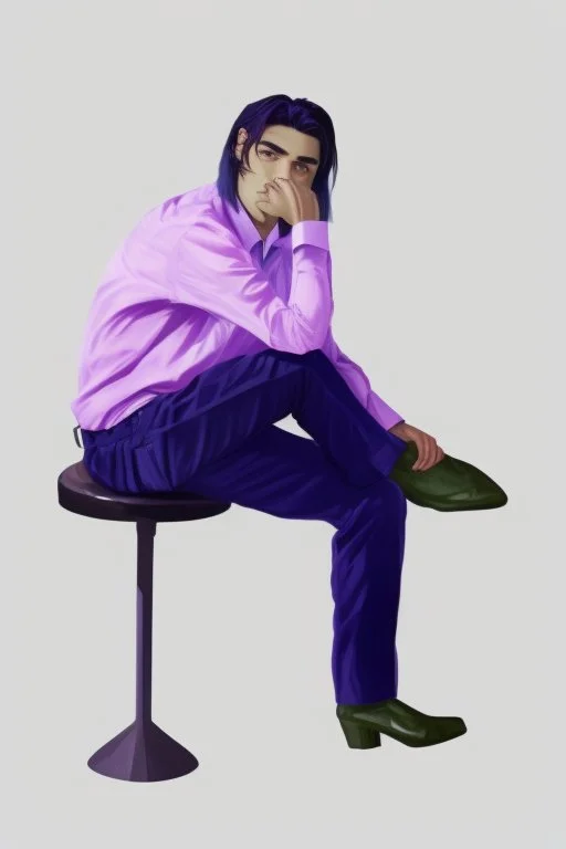 A guy with black hair, sitting on a chair, wearing a beautiful white shirt with pleats. in trousers with pleats