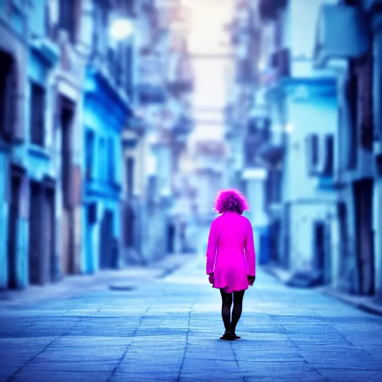 Beautiful lonely girl who walks along a street without people at dawn. You see her from behind. She is Blue very short blue dressed. She has pink short hair with glowing crystals. Full body, 8k resolution concept art. Professional Photo HD. Stylish. Warm vivid colors. Panoramic