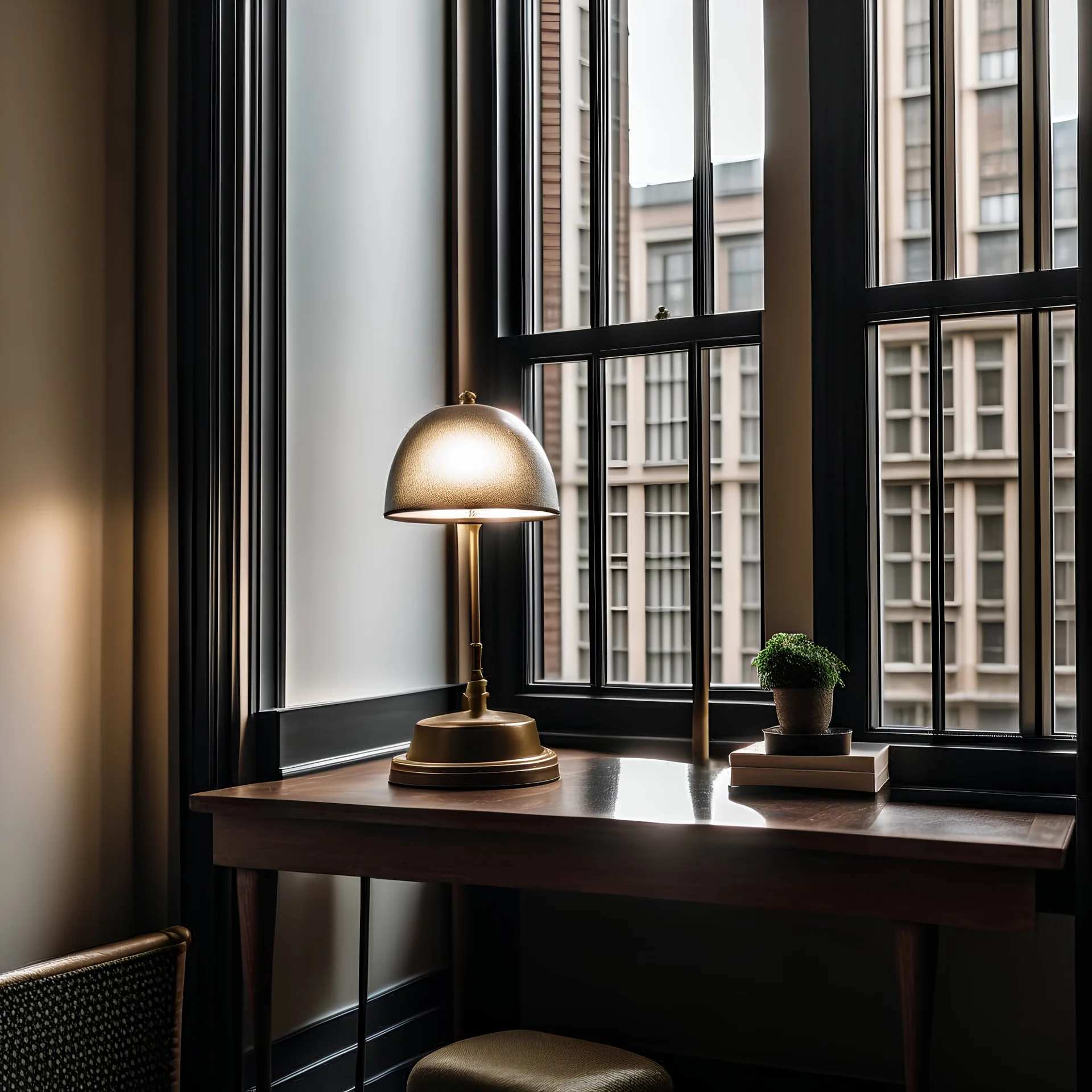 a table with a lamp in front of a window