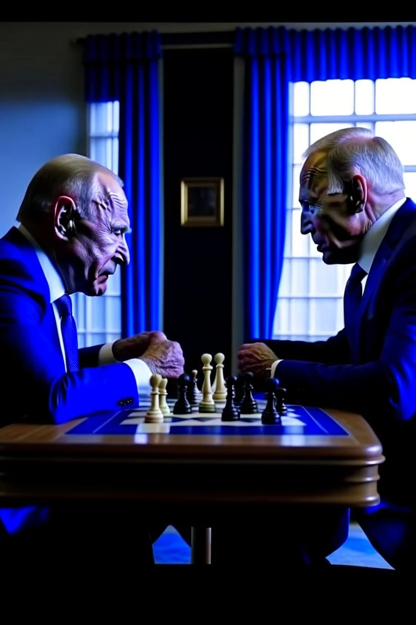 Vladimir Poutine playing chess against Joe Biden in hello. The devil is watching the game.