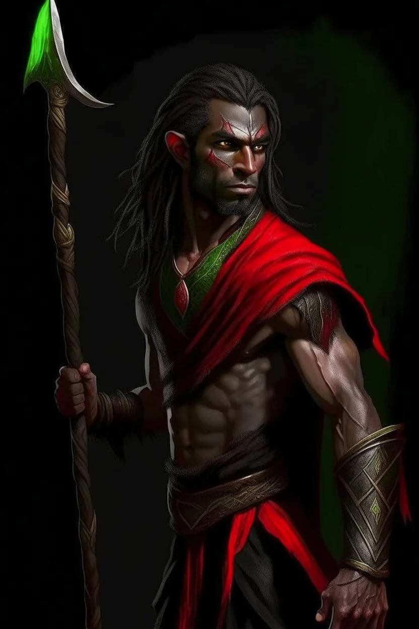 full length, montia, black red with, holding a spear in his hand