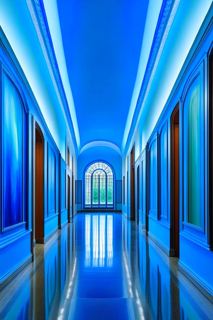 An exhibition of paintings whose walls are in the shape of an oval and made of blue glass and its floor is light with a wall in the middle of the hall to divide it into two parts with a corridor at the beginning and end of the wall