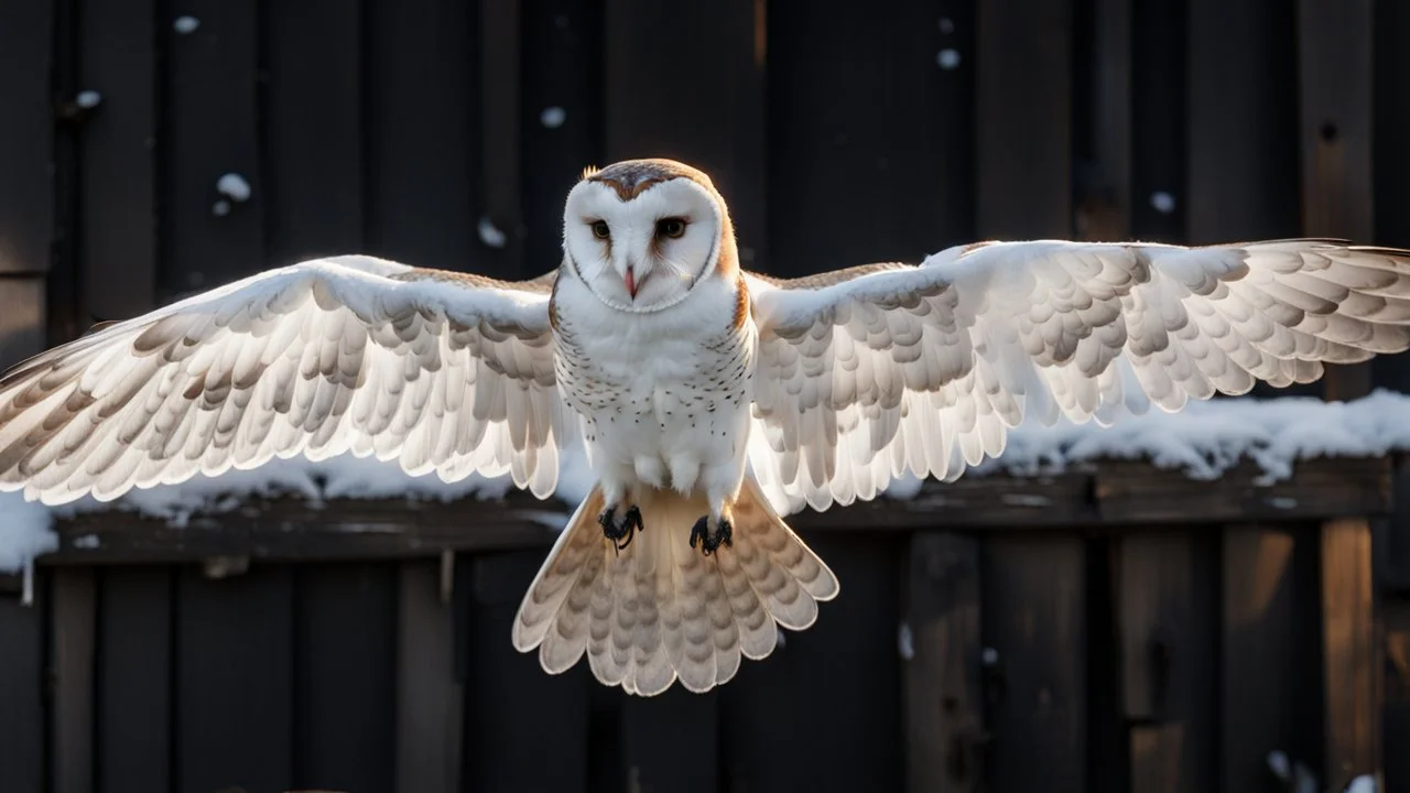 angel's view back to the camera a barn owl fly from the back from the top view flying over a winter small village, snowy landscape, little light, sunrise, some small Hungarian old country houses from above, perspective, high detailed, sharp focuses, photorealistic, cinematic