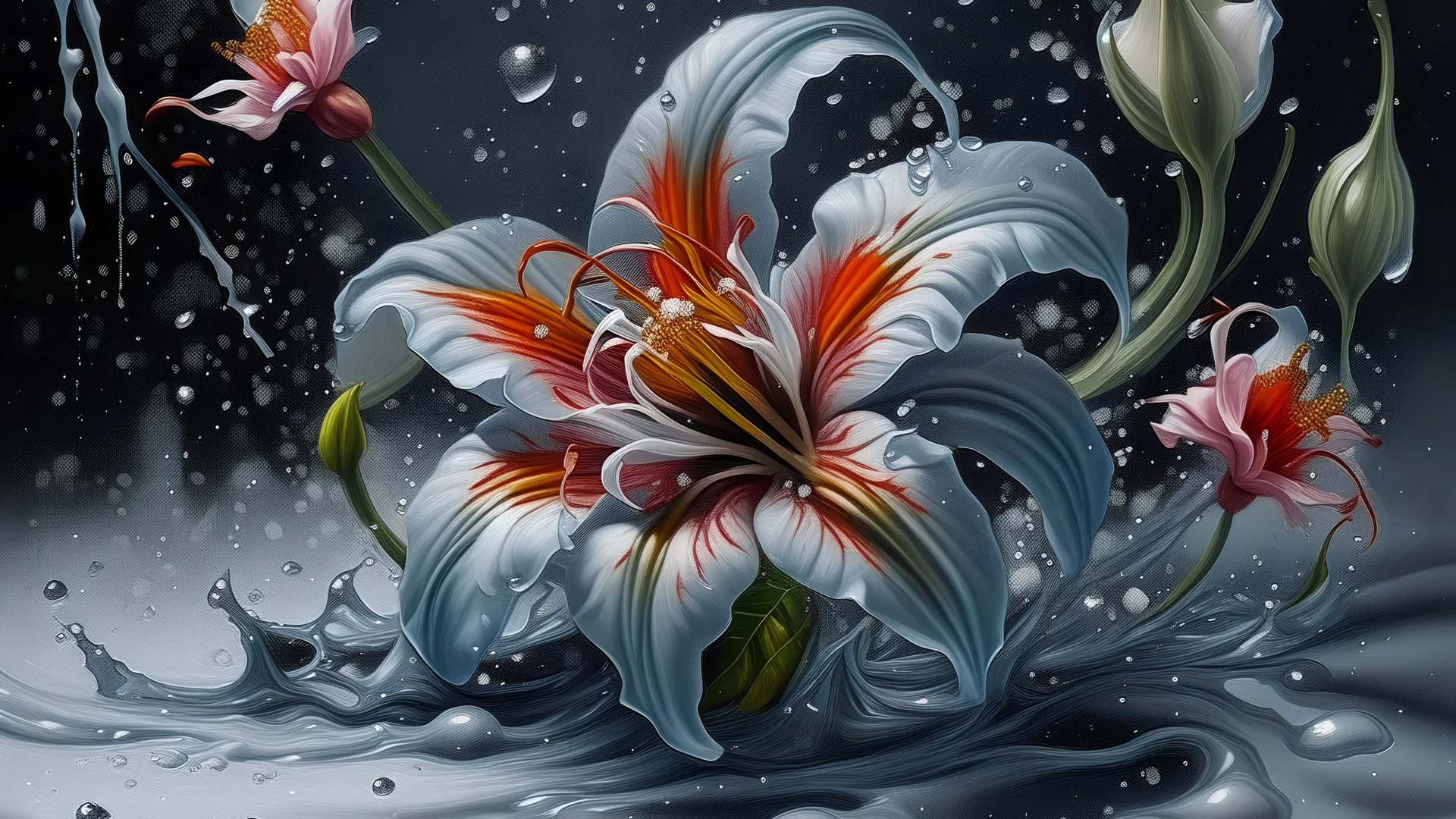 Flower painting on gray background, dripping ice, splash, airbrush painting by Earnst Haeckel, trend in zbrush Central, cloisonné, high detail, detailed painting, biomorphology, lilies in the snow 8k 布面油画 超现实主义 数字绘画 幻想 清脆的品质 超详细 丰富多彩 美丽 复杂 电影级后期处理 清晰聚焦 分形艺术