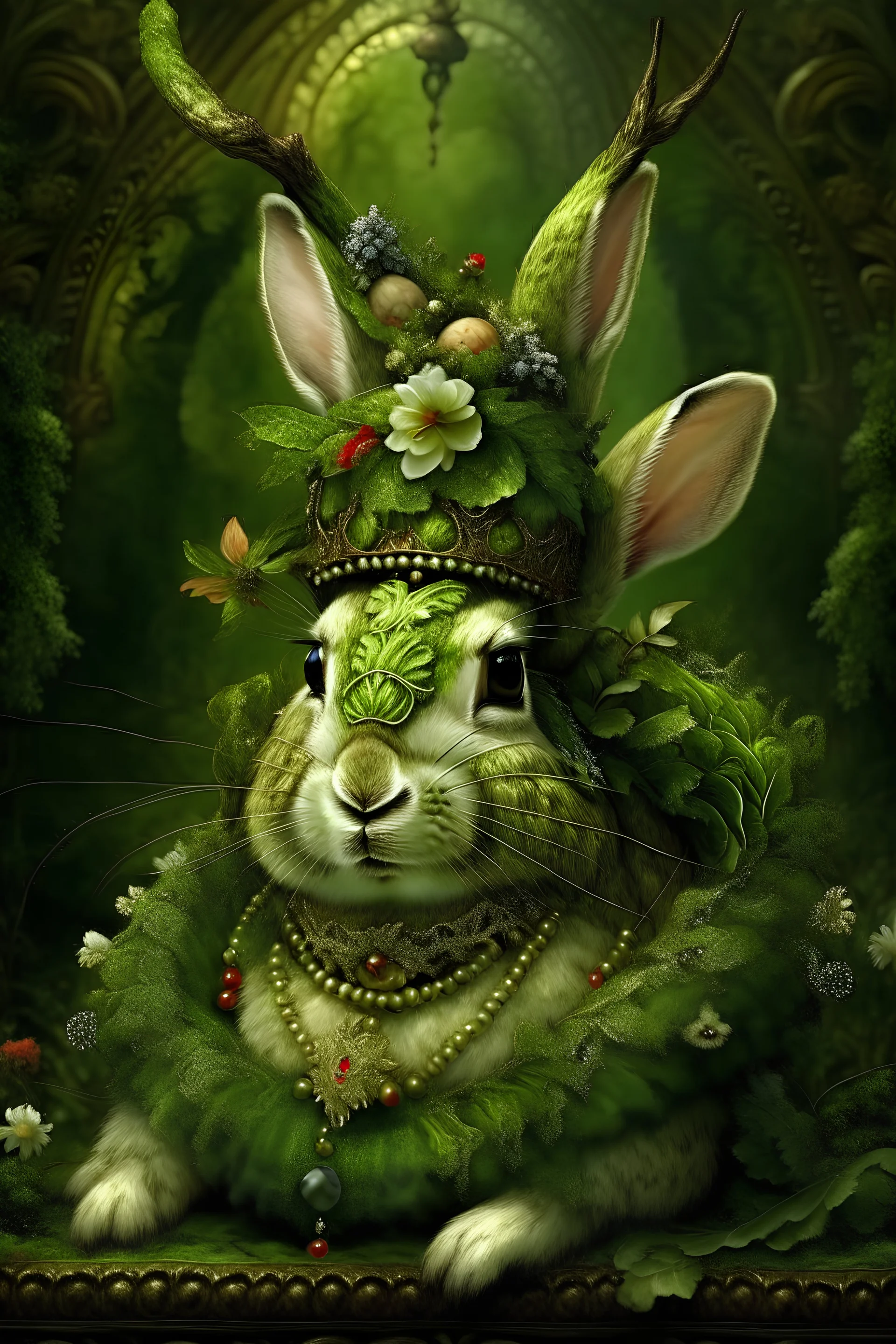 Beautiful young faced baroque rabbit animal portrait, adorned with moss covered baroque floral headdress ribbed with miniature green gems and baroque buildings, wearing baroque style costume floral. Ornate and beautiful baroque jewellry organic bio spinal ribbed detail of baroque abandoned moss covered garden background art nouveau floral extremely detailed hyperrealistic maximálist concept art