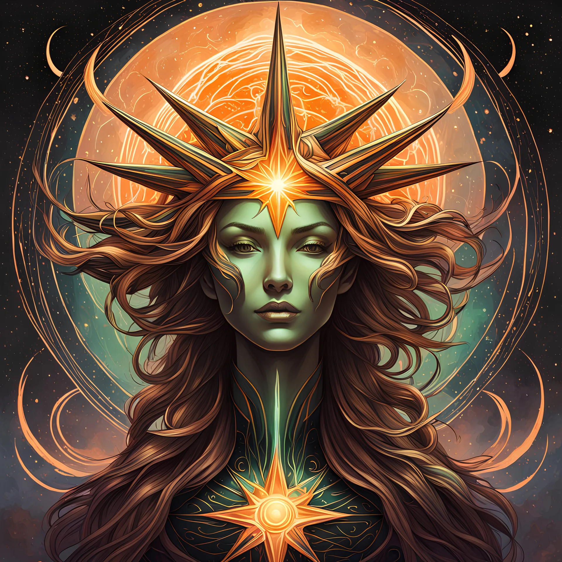 create a haunted star formed celestial female entity with highly detailed, sharply lined facial features, , finely drawn, boldly inked, in soft celestial colors, otherworldly, ethereal, and majestic in the style of Peter Mohrbacher