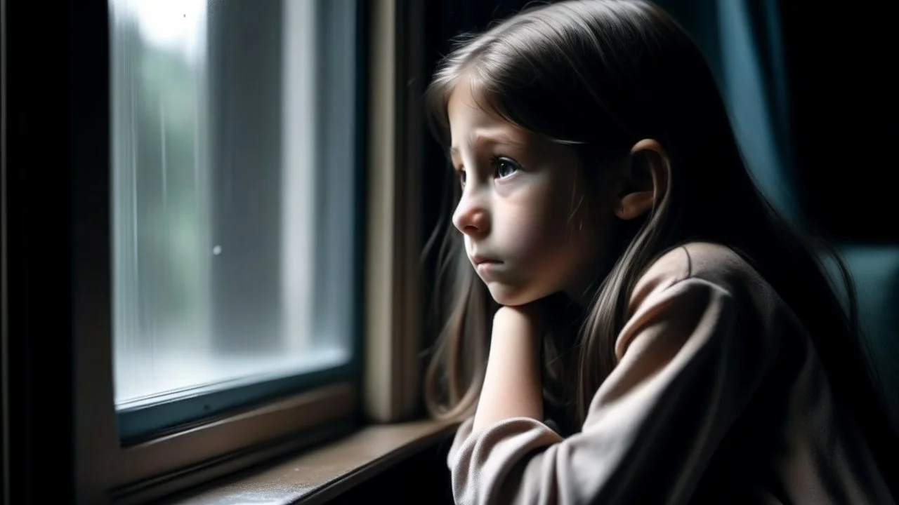 An 11-year-old girl looks out of a window inside the classroom, her hand is not visible, her skin is not white