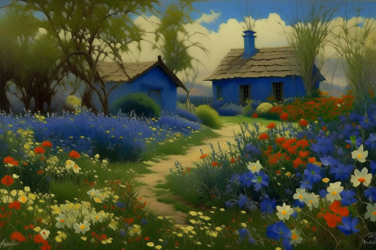 A dark blue garden with spring season flowers painted by Birge Harrison