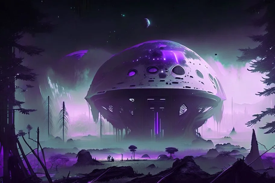 Futuristic Colony, White Building, Human Colony, Large Dome, Alien Planet, Corrupted Forest, Dense Purple Fog, Dead Soil, Black Night Sky, Stars, Space, Distant Planets