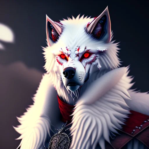 Feral, White fur, Werewolf, Red eyes, character, waist up portrait, oil on canvas, expert, insanely detailed, 4k resolution, cinematic smooth, intricate detail,