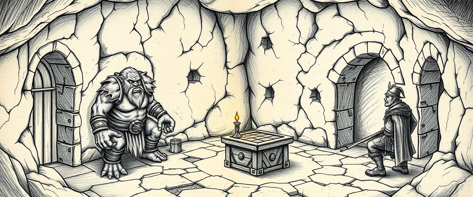book illustration, artist drawn fantasy map of 4x4 meter room, with an ogre and an orc captain, and a chest under a table, the room is rough and cavelike, we also see winding paths around the room