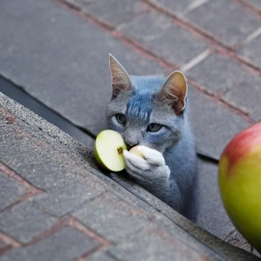 small blue cat eating an apple on the rooftop