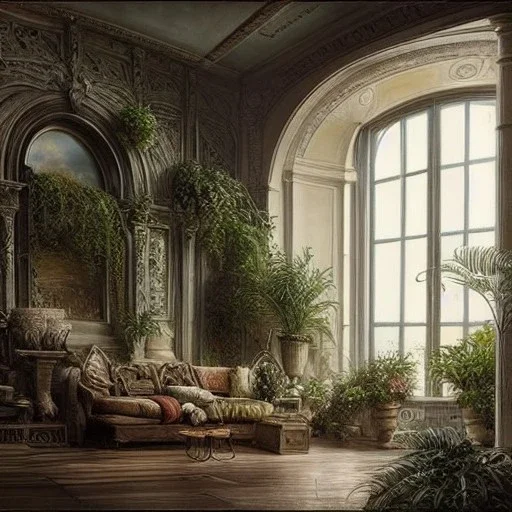  Living room with plants with a big full wall window view on mediterranean city on sea , Beaux Arts architecture,interior design,point of perspective,by Jean Baptiste Monge, Epic cinematic, brilliant stunning, intricate, meticulously, detailed, dramatic atmospheric, maximalist digital matte painting