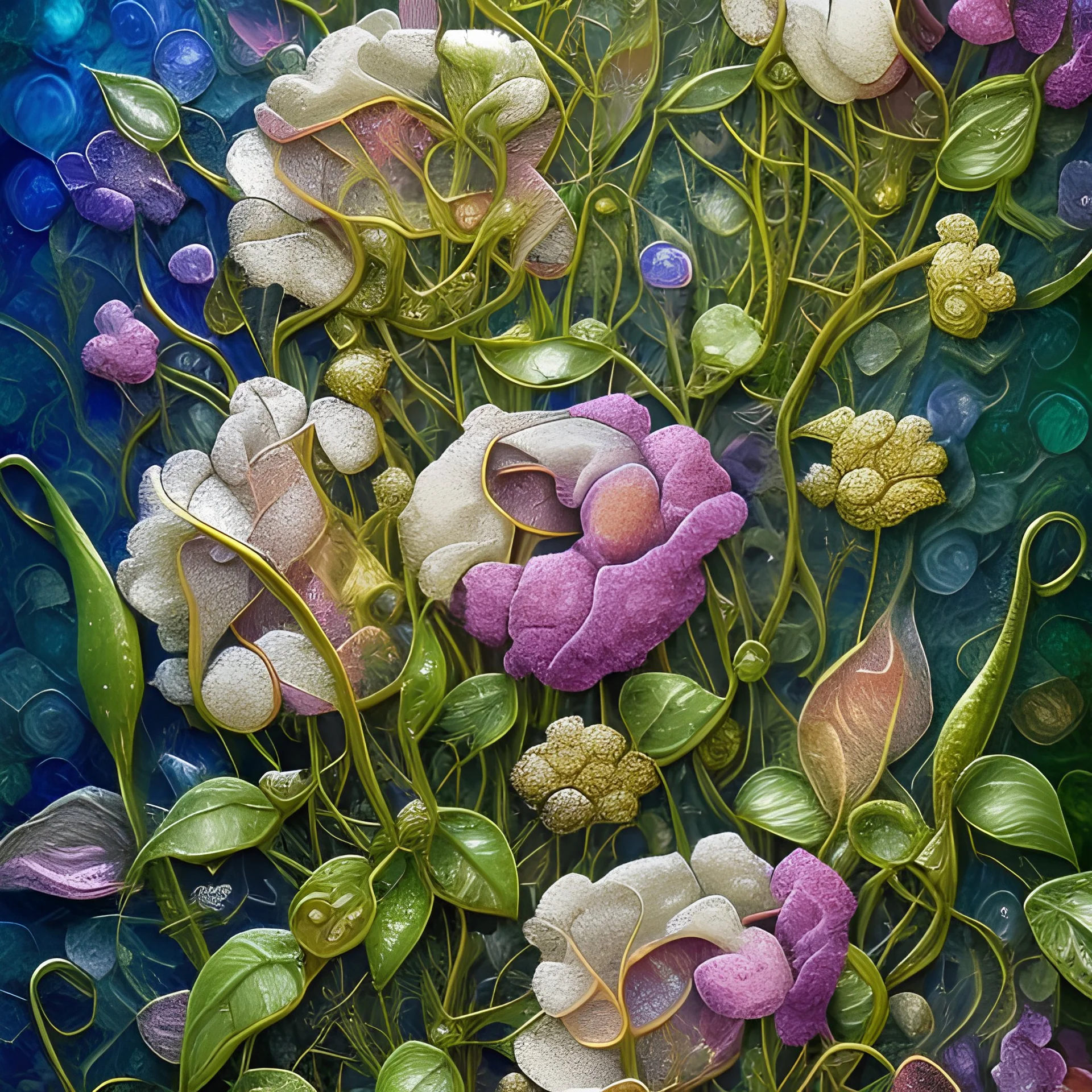 Beautiful alcohol ink tiny, minute, very intricate, sweet peas wallpaper with teddy bears peeping around the flowers design with gold and brass metal edging and crystalline,silver skeletal leaves, multidimensional in 3D, impasto, multimedia style, 16k pastel shades of salmon, yellow and mother of pearl. A small number 30 and the words Happy Birthday.