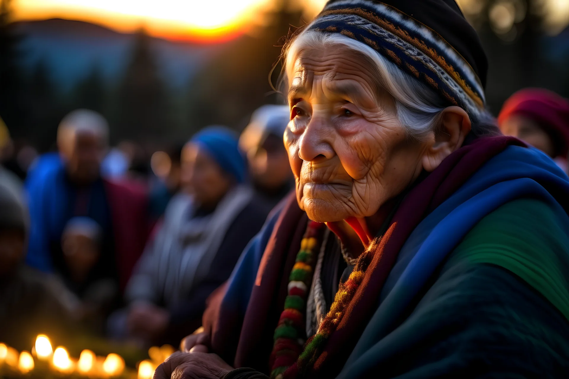mujer anciana mapuche en ceremonia religiosa al amanecer en la Patagonia argentina