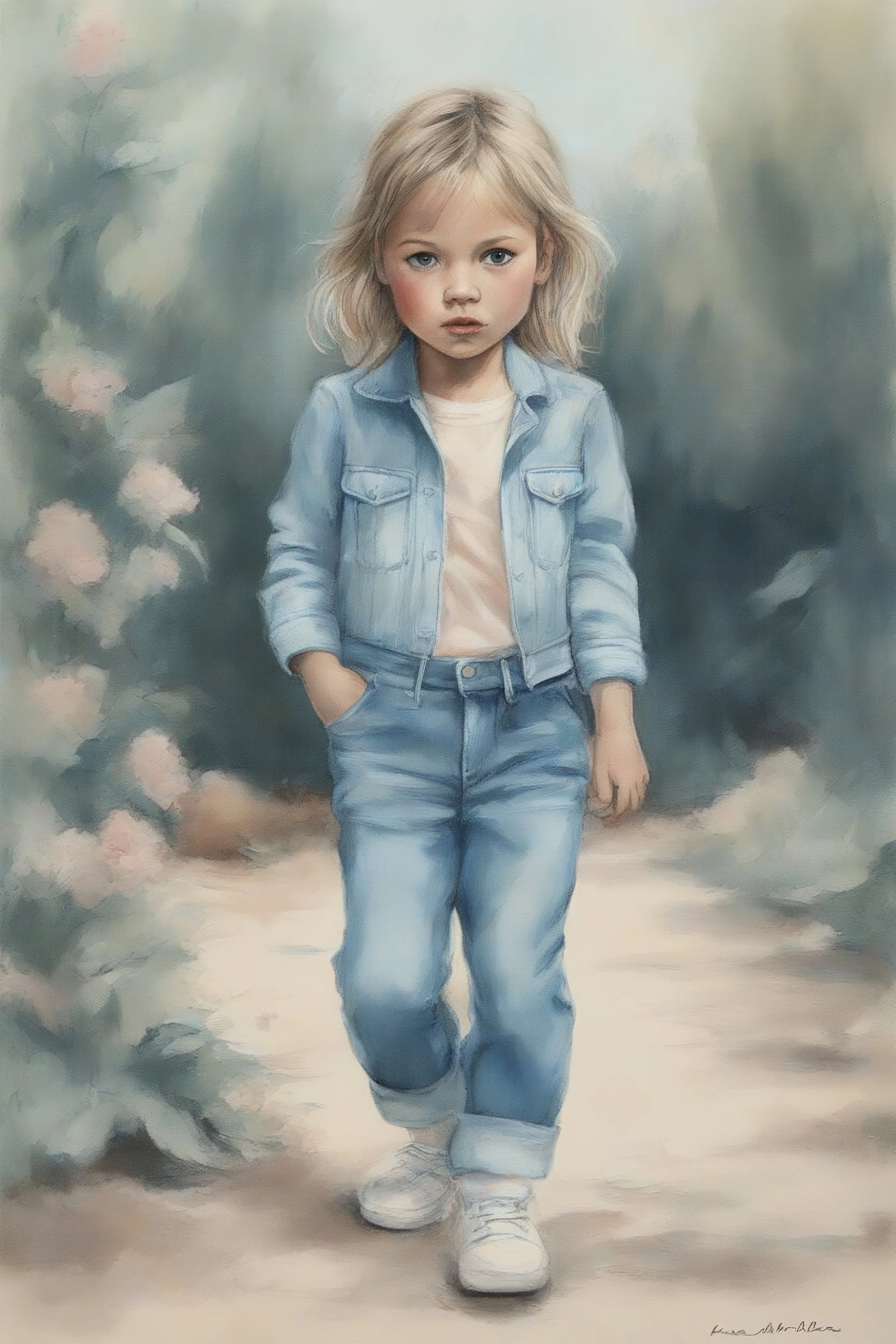 Illustration of kate moss as a toddler, jeans, in the yard , ,style of Marcel Marlier, pastel colors