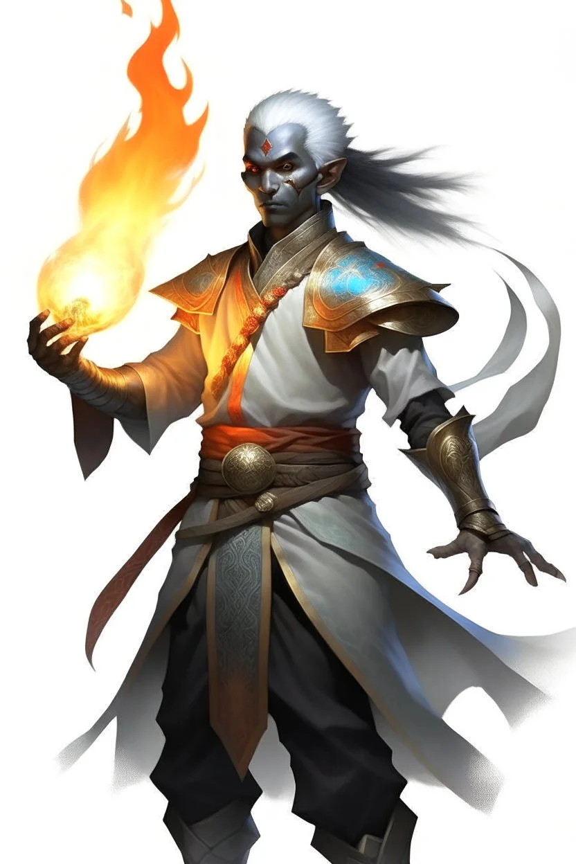 Male Air genasi fra d&d with black skin smoke some hair an Asian skin holding a Flaming spire