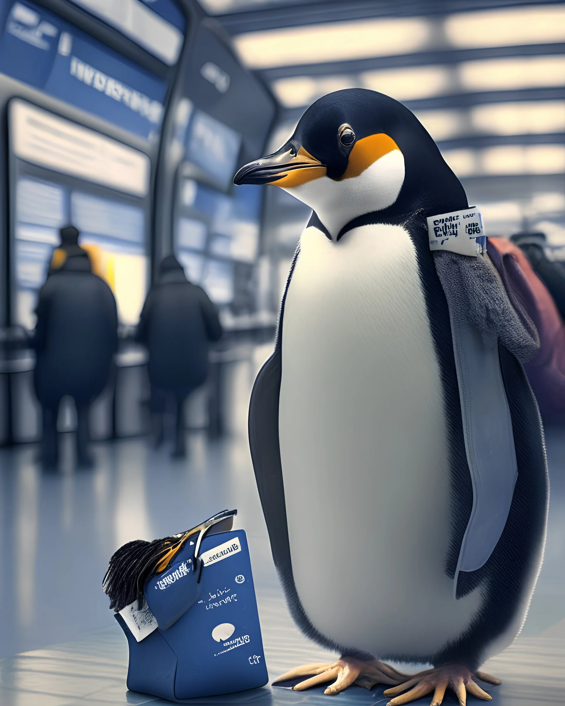 A penguin with a backpack and a boarding pass in the airport