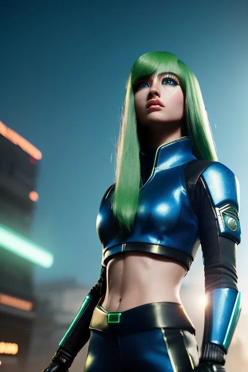 Futuristic female soldier, physically fit, green hair, blue eyes, intricate eyeliner, vibrant eyeshadow, clear completion, soft lighting, 4k resolution, intricate details, insanely detailed, colorful cityscape background, masterpiece, expert, cinematic smooth, retroanime style, realistic details, no helmet