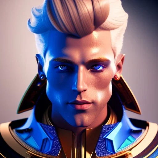 trés beau capitaine ténébreux galactique,yeux bleus, cheveux blonds, avec costumes bleu et or , arrière fond bleu galactique étoilés,8k, unreal engine 5