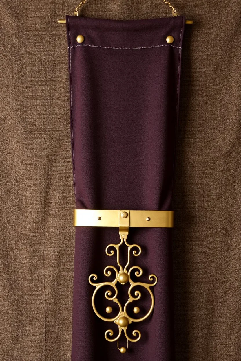 darker textured hanging fabric background, with decorative brass corners at top, and a wide brass decorative element clamped across the bottom