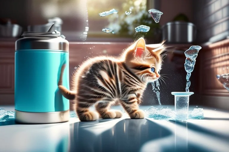 Cute tabby kitten sniffing ice water spilling from a thermos in a kitchen in the sunshine. Ice cubes and snowflakes.