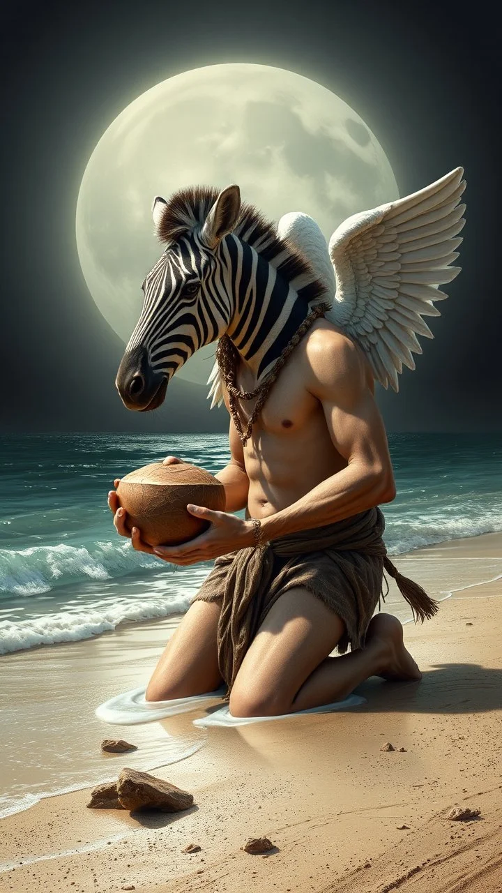 Charon on his knees on the shore holding coconut wearing crying angel zebra holding his head
