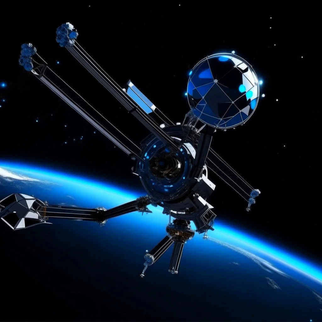 In a sci-fi starry sky background, a slender space flexible robotic arm is located on the satellite in the frame.