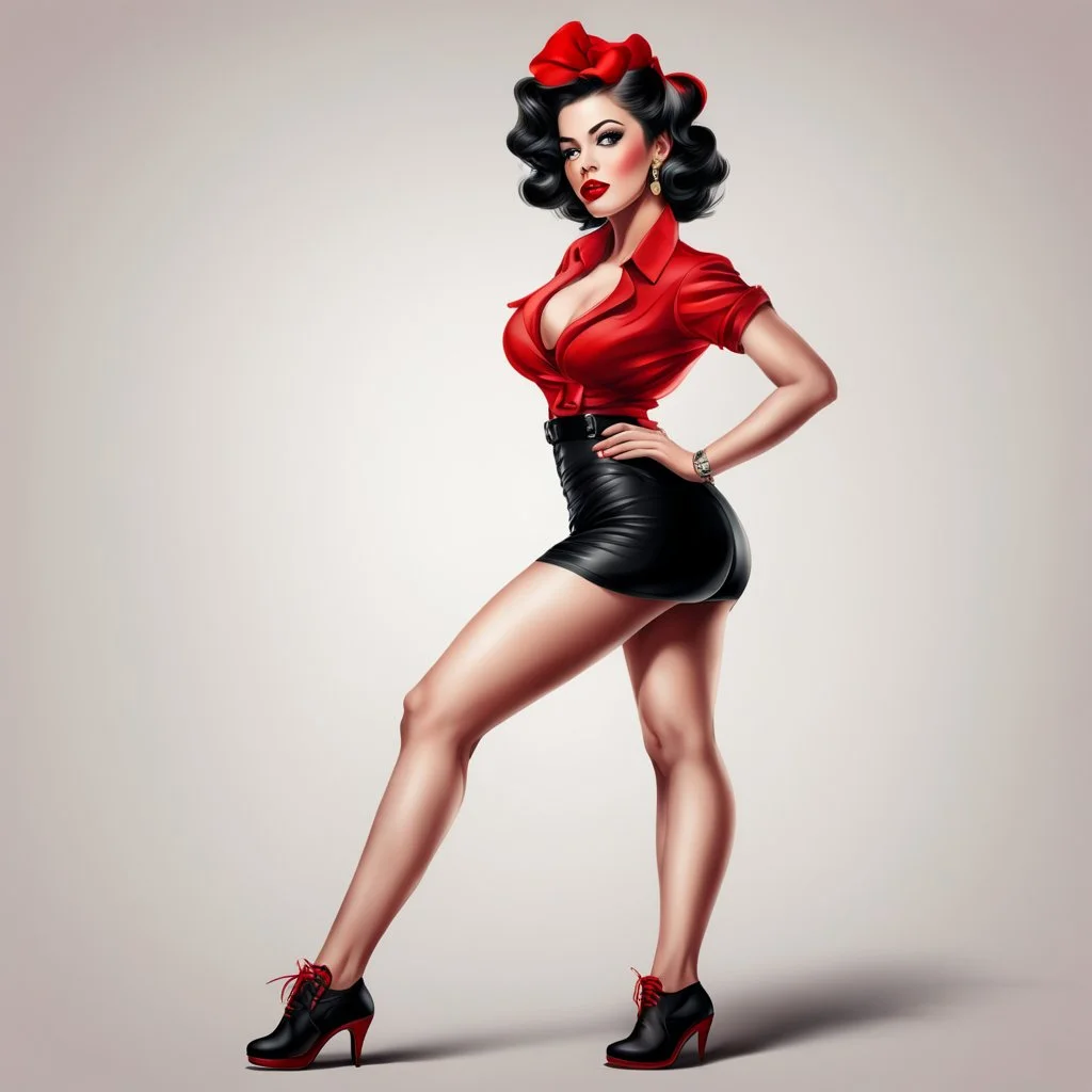 pinup girl wearing red and black colors, full body, detailed, realistic, isolated on white background