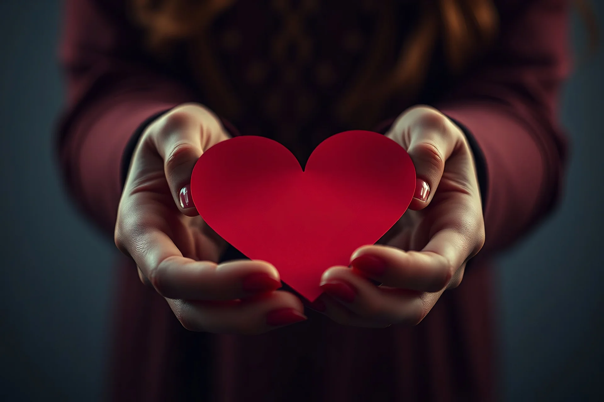 Woman hands hold heart in red paper. Camera settings : Full-frame , 100mm lens, f/1.2 aperture, ISO 100, shutter speed 60 seconds. Cinematic lighting, Unreal Engine 5, Cinematic, Color Grading, real time Photography, Shot on 70mm lense, Depth of Field, DOF, Tilt Blur, Shutter Speed 1/2500, F/13, White Balance, 45k