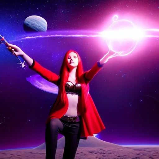 Pretty teenage girl with red hair who is dressed like a space witch casting a spell, girl has stars in her eyes, background is realistic space renditions, full body portrait, rendered, unity 3d, unreal engine, dslr, hdr, 4k, edited, photorealistic