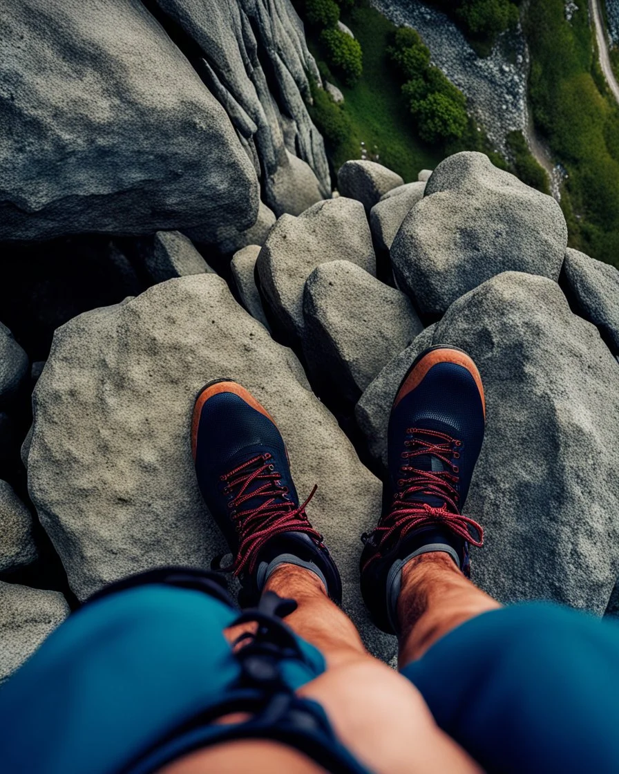 from the point of view of a rock climber, look down at the ocean rocks below as you climb high into the irish bluffs. show feet and hands