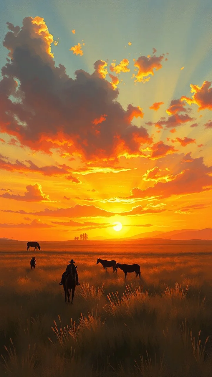 sunset in the prairies, old western, painting based on grainy photo