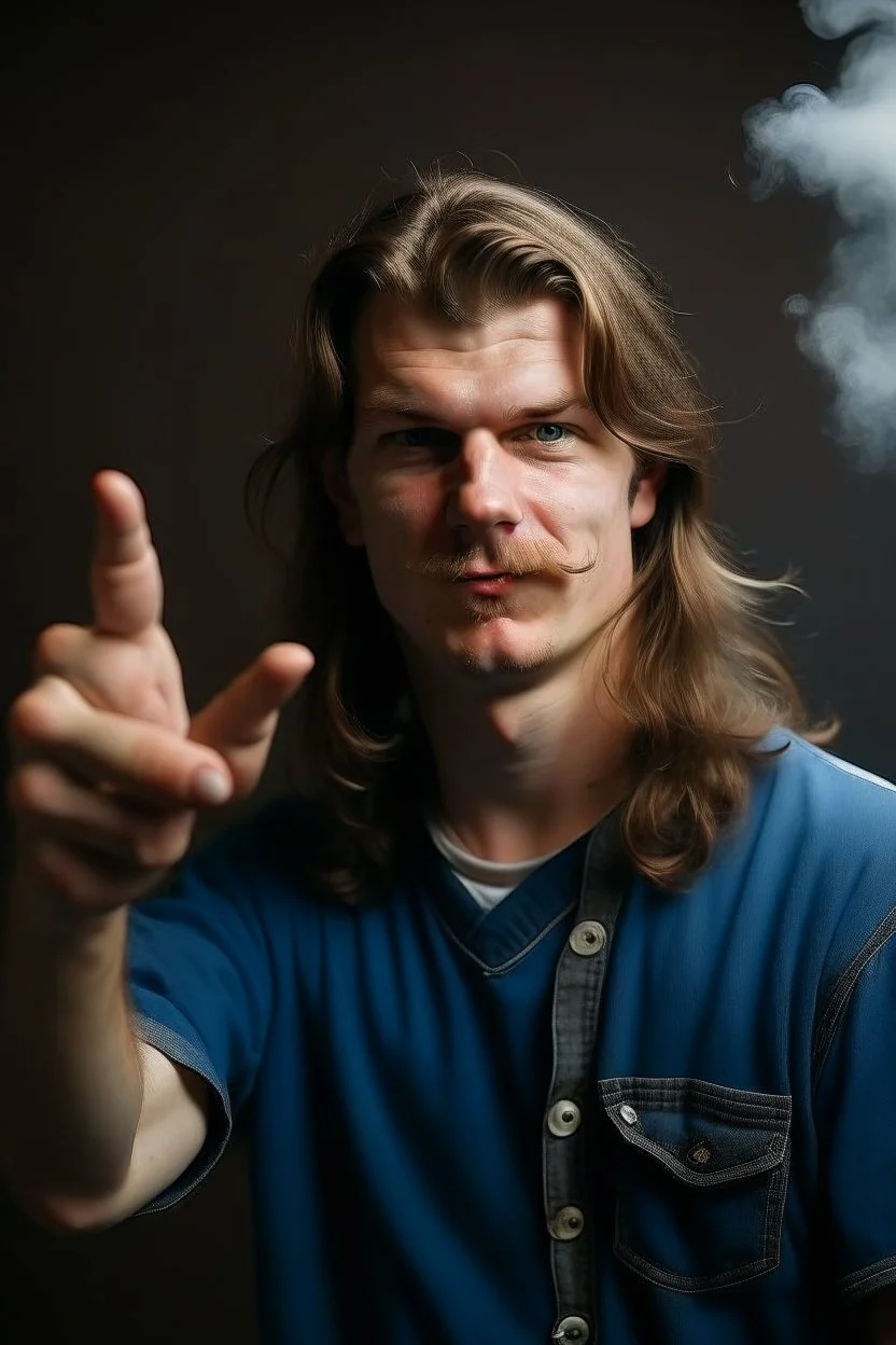 man with a mullet pointing his hand like a gun at the camera while he smokes a burning cigarette