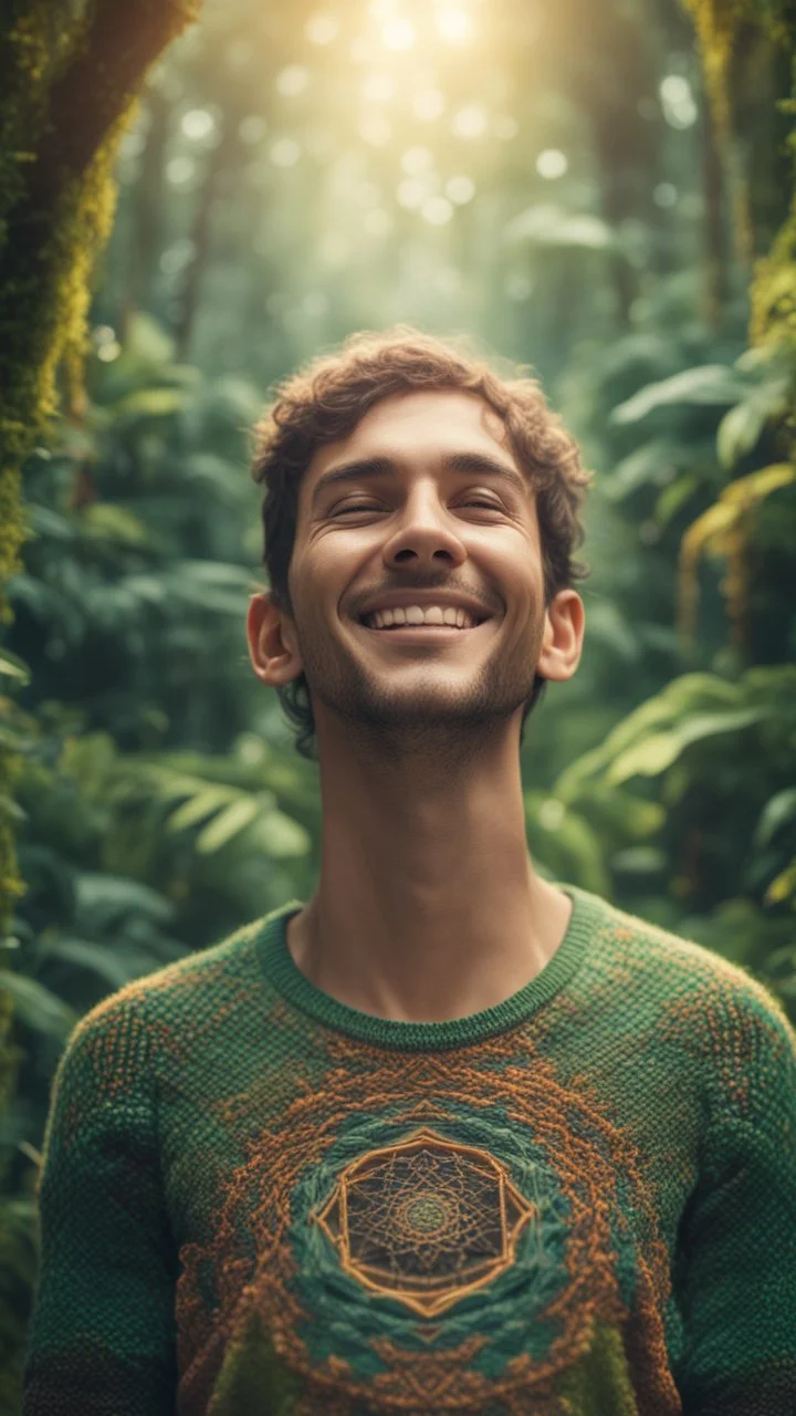 portrait of a happy blissed person woven into a sacred geometry knitted tapestry wall in the middle of lush magic jungle forest, bokeh like f/0.8, tilt-shift lens 8k, high detail, smooth render, down-light, unreal engine, prize winning