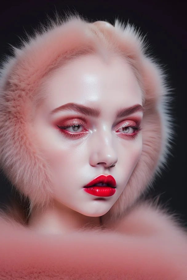 Minimalistic portrait of a beautiful woman with red lips and cold big eyes wearing earrings, a light pink fur coat in a haute couture style isolated on a dark background, cinematic lighting, ultra-realistic, shot in the style of hasselblad